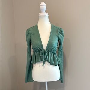 Urban Outfitters Green Puff Sleeve Peplum Blouse